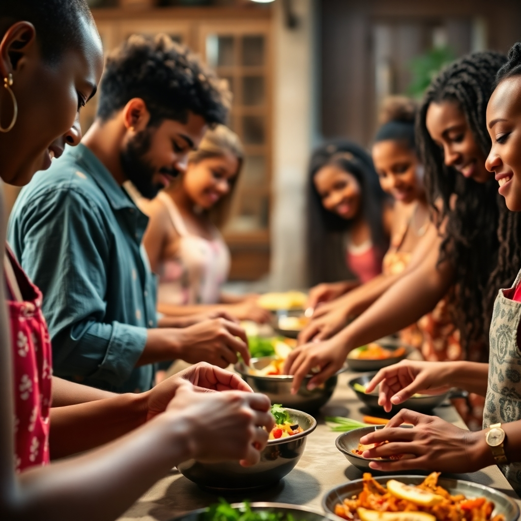 A stylized image portraying a group of diverse individuals participating in a traditional Caymanian cooking class. They are learning to prepare local dishes using fresh, local ingredients. The composition captures the interactive and engaging nature of the class. The lighting is warm and inviting, creating a sense of community and learning. Focus on the hands of the participants, the colors of the ingredients, and the expressions of curiosity and enjoyment on their faces. The camera angle is close-up, emphasizing the details of the cooking process. Style is educational and engaging, conveying a sense of cultural exploration and discovery.